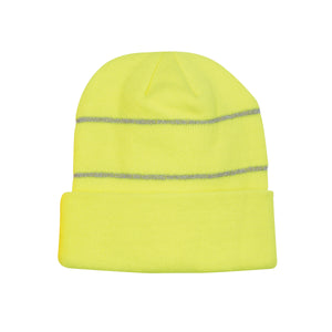 Knit Cuff Beanie With Reflective Stripes - Neon Yellow