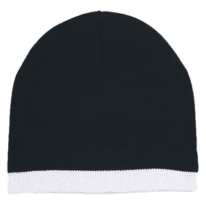 Knit Beanie With Stripe - Black With White