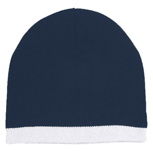 Knit Beanie With Stripe - Navy Blue With White