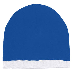 Knit Beanie With Stripe - Royal With White