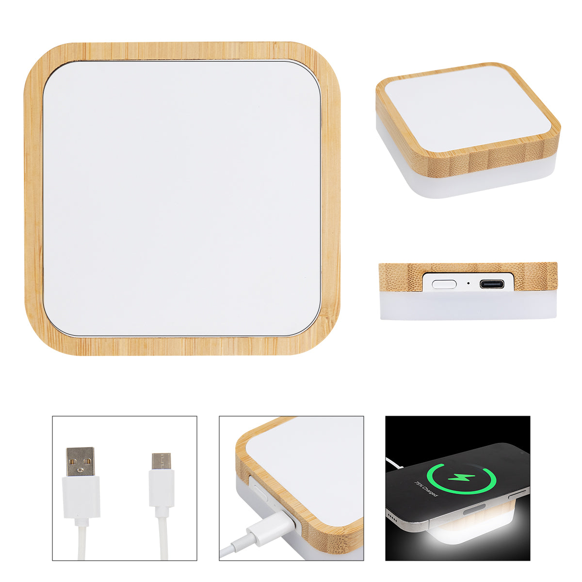 Bamboo Wireless Charger Night Light - White/Bamboo