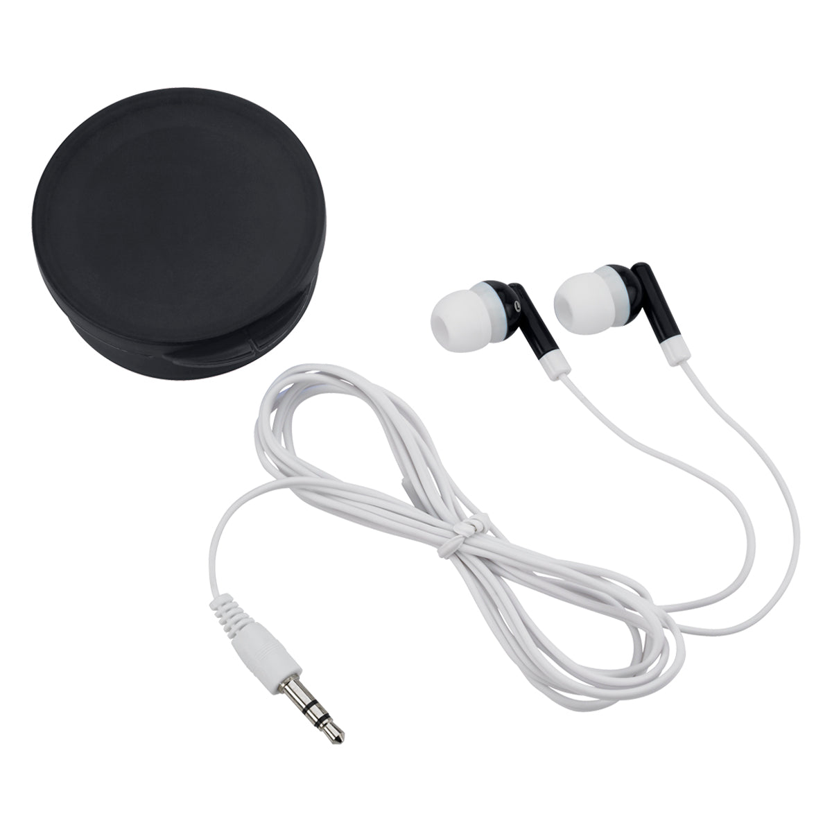 Earbuds In Round Plastic Case - Black