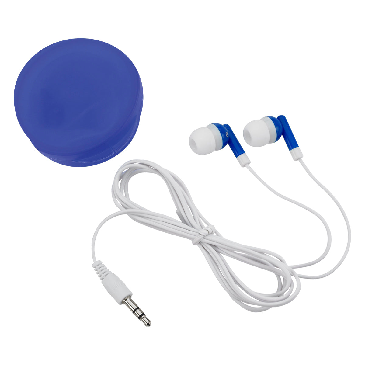 Earbuds In Round Plastic Case - Blue
