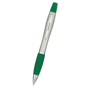 Twin-Write Pen With Highlighter - Silver With Green