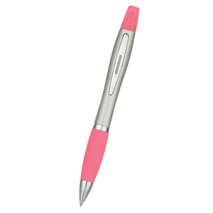 Twin-Write Pen With Highlighter - Silver With Pink