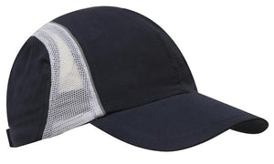 4 Panel Sports Cap with Mesh Inserts and Frabic Covered Touch Strap - Navy With White
