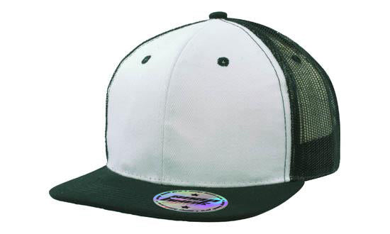 6 Panel Mesh Back Cap with Flat Peak - White With Black