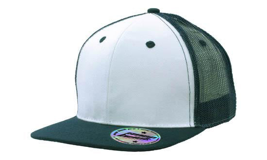 6 Panel Mesh Back Cap with Flat Peak - White With Navy