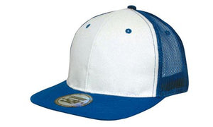 6 Panel Mesh Back Cap with Flat Peak - White With Royal