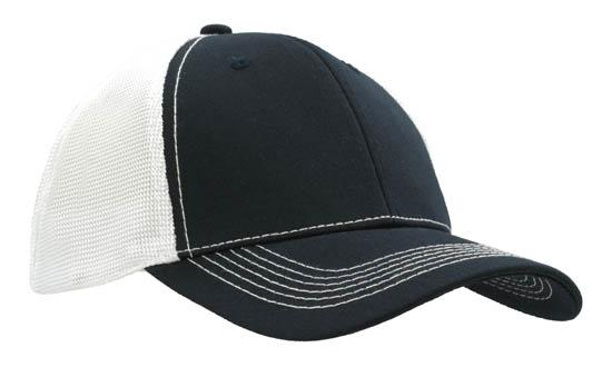 6 Panel Chino Twill Cap with Hi-Tech Mesh - White With Navy