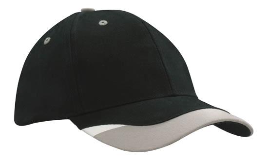 6 Panel BHC Cap with Peak Indent & Print - Black With Gray And White