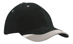 6 Panel BHC Cap with Peak Indent & Print - Black With Gray And White