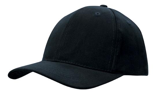 6 Panel Brushed Heavy Cotton Cap with Plastic Strap - Black