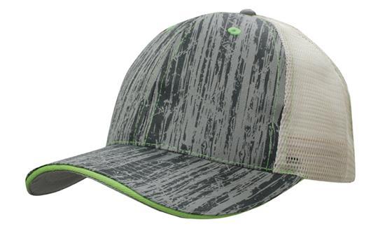 6 Panel Woodprint Poly Twill Mesh Cap - Stone/Charcoal/Green