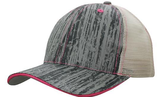 6 Panel Woodprint Poly Twill Mesh Cap - Stone/Charcoal/Pink