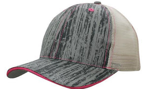 6 Panel Woodprint Poly Twill Mesh Cap - Stone/Charcoal/Pink