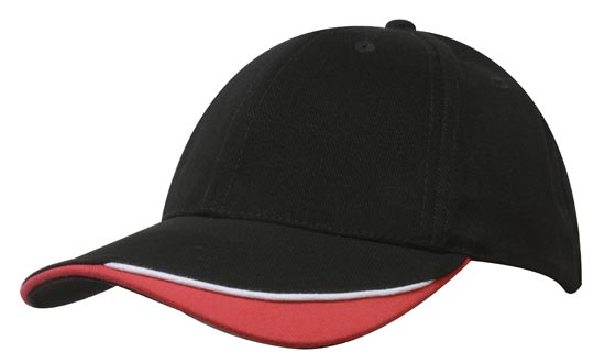 6 Panel HBC Cap with Peak Indent & Sandwich - Black With White And Red
