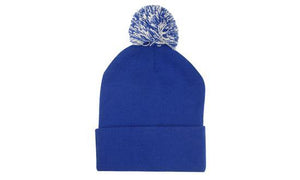 Knitted Acrylic Beanie with Pom Pom - Royal/White