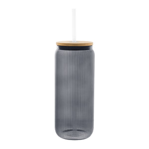 20 Oz. Ribbed Glass Can with Bamboo Lid - Translucent Charcoal