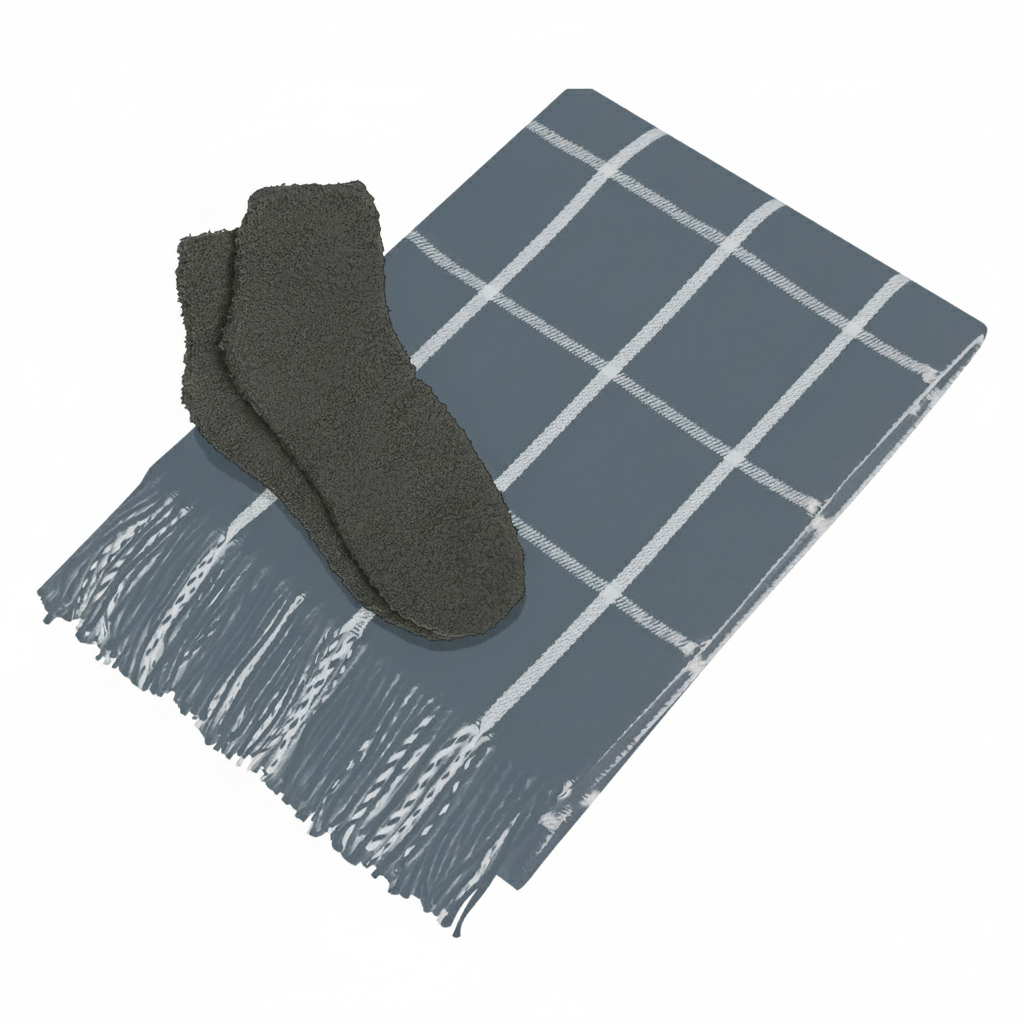 Charleston Throw & Fuzzy Socks Set - Charcoal With White/Gray
