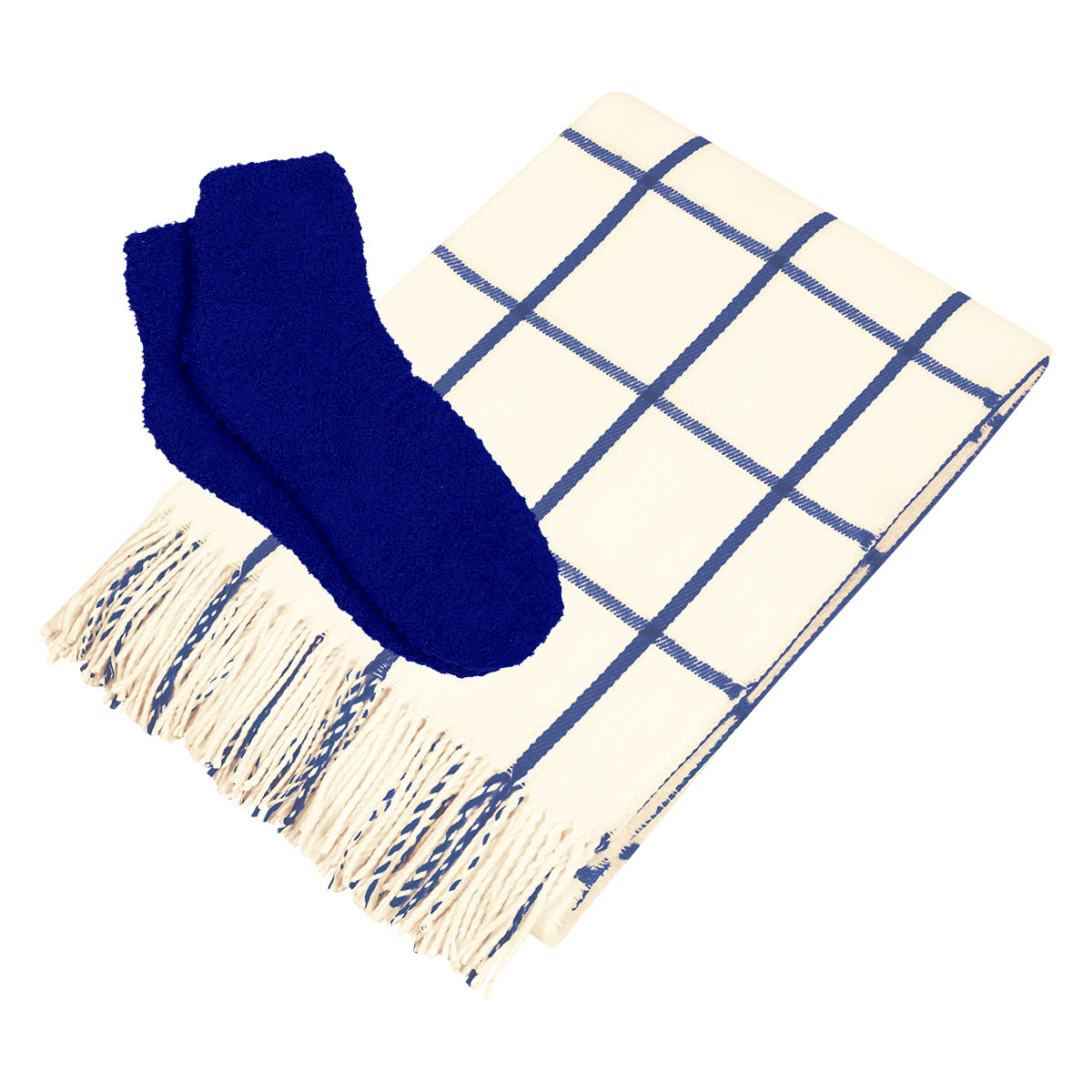 Charleston Throw & Fuzzy Socks Set - White With Navy Blue/Royal Blue