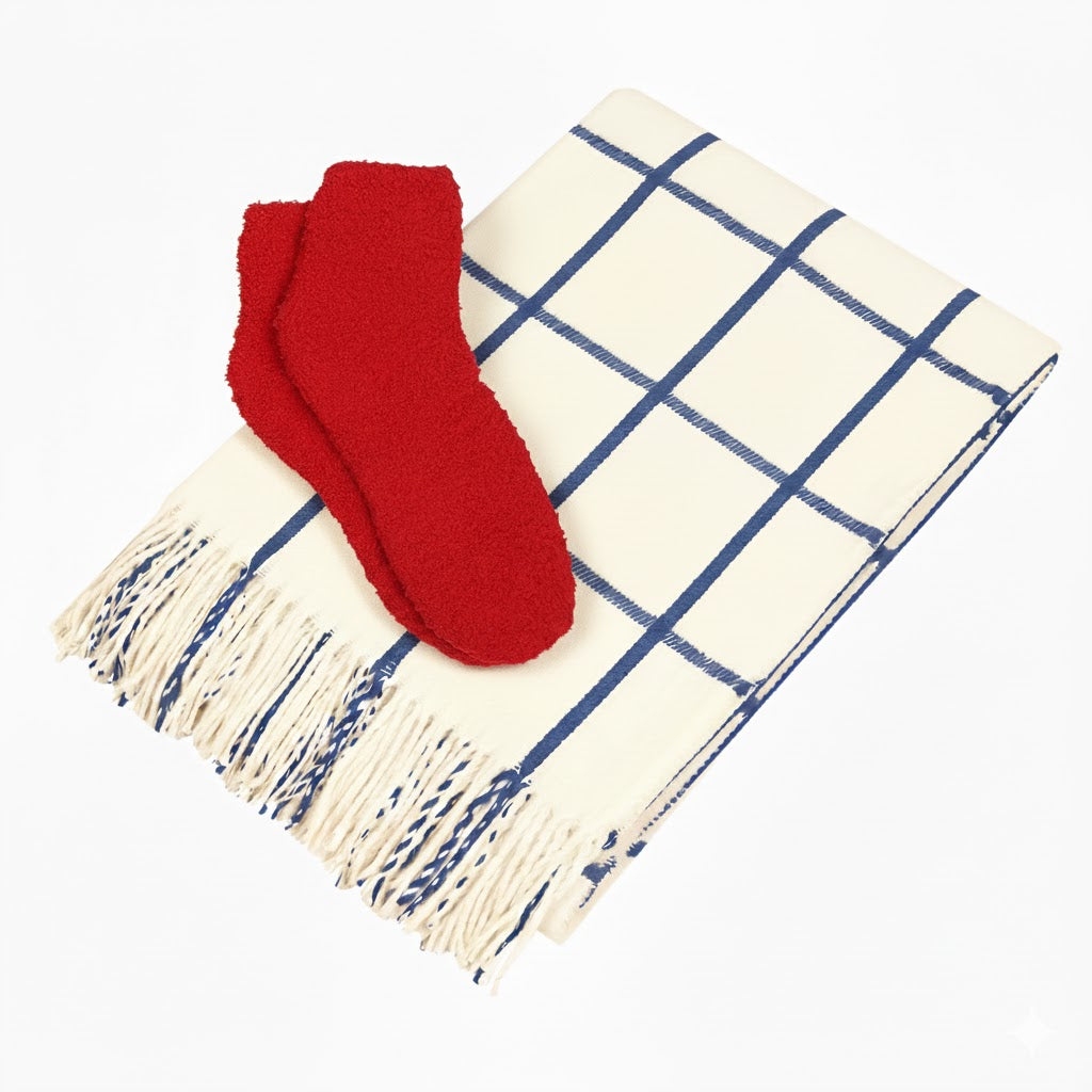 Charleston Throw & Fuzzy Socks Set - White With Navy Blue/Red