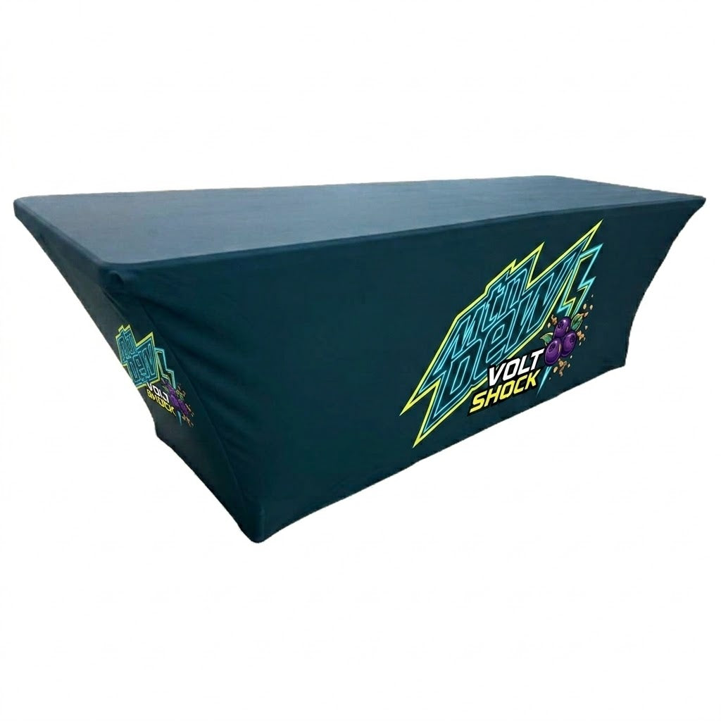 Sublimated Stretch Curved Fit Table Throw for 8ft table, 3 sided, Open Back