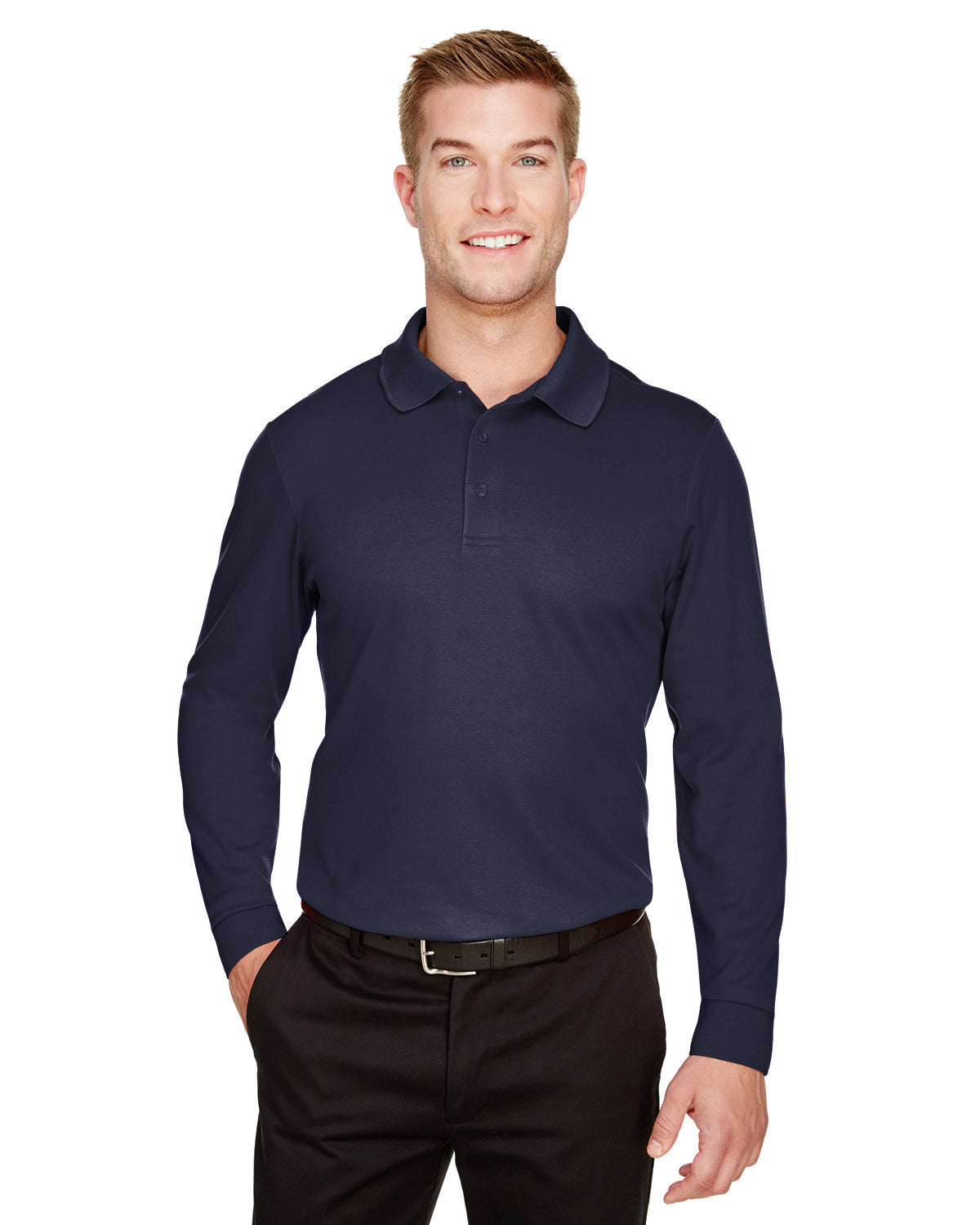 Devon & Jones CrownLux Performance® Tall Plaited Long Sleeve Polo - Navy