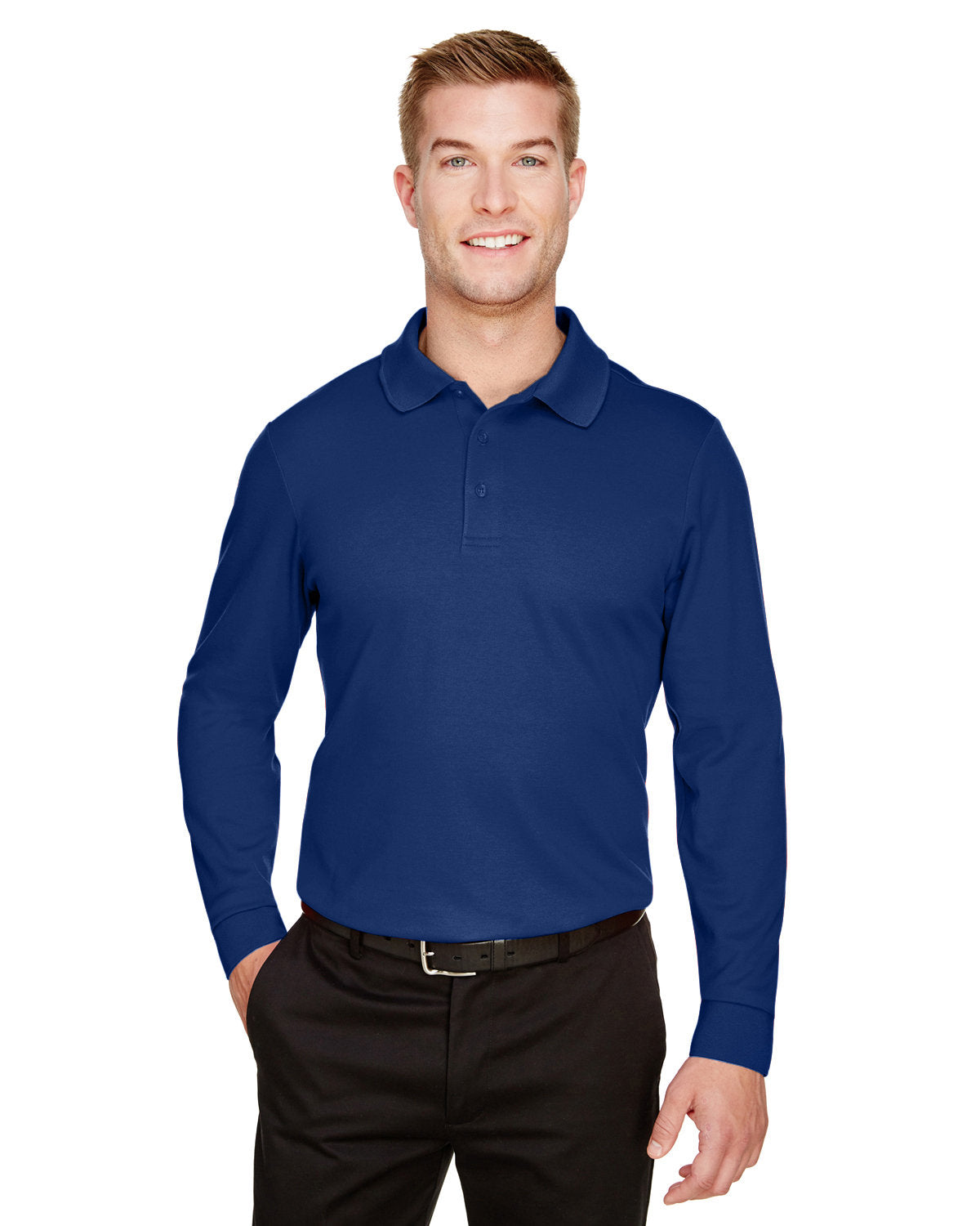 Devon & Jones CrownLux Performance® Tall Plaited Long Sleeve Polo - True Royal