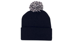 Knitted Acrylic Beanie with Pom Pom - Black/White