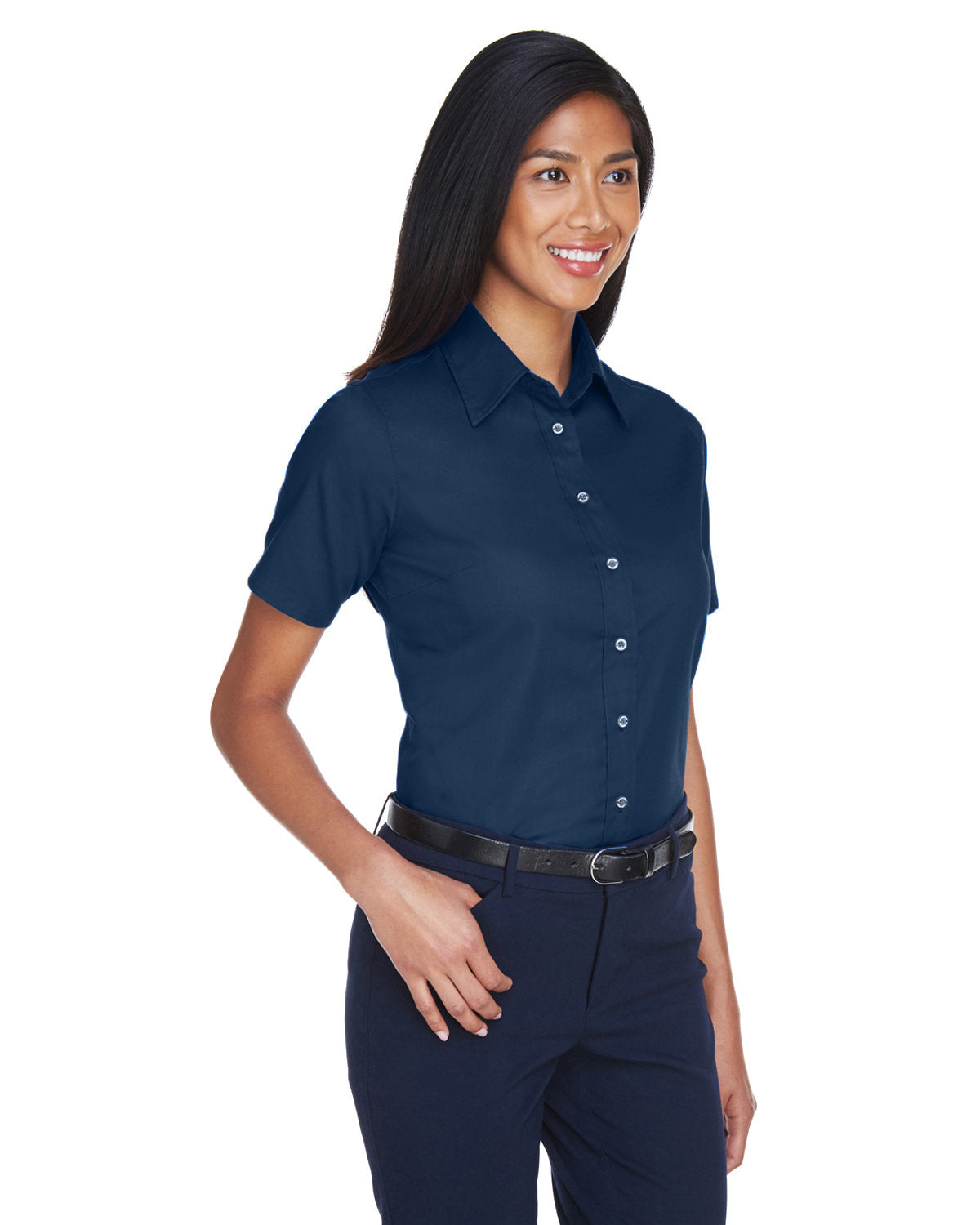 Harriton Ladies' Easy Blend™ Short-Sleeve Twill Shirt with Stain-Release