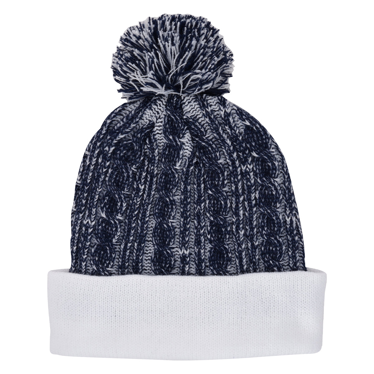 Casey Cable Knit Pom Beanie With Cuff - Navy Blue