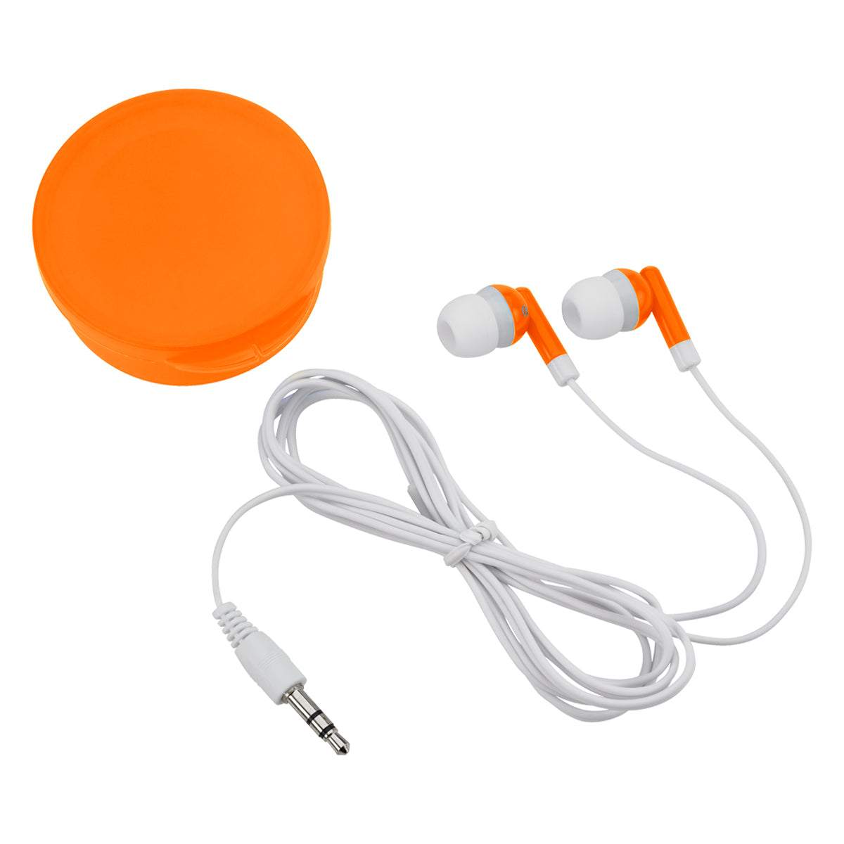 Earbuds In Round Plastic Case - Orange
