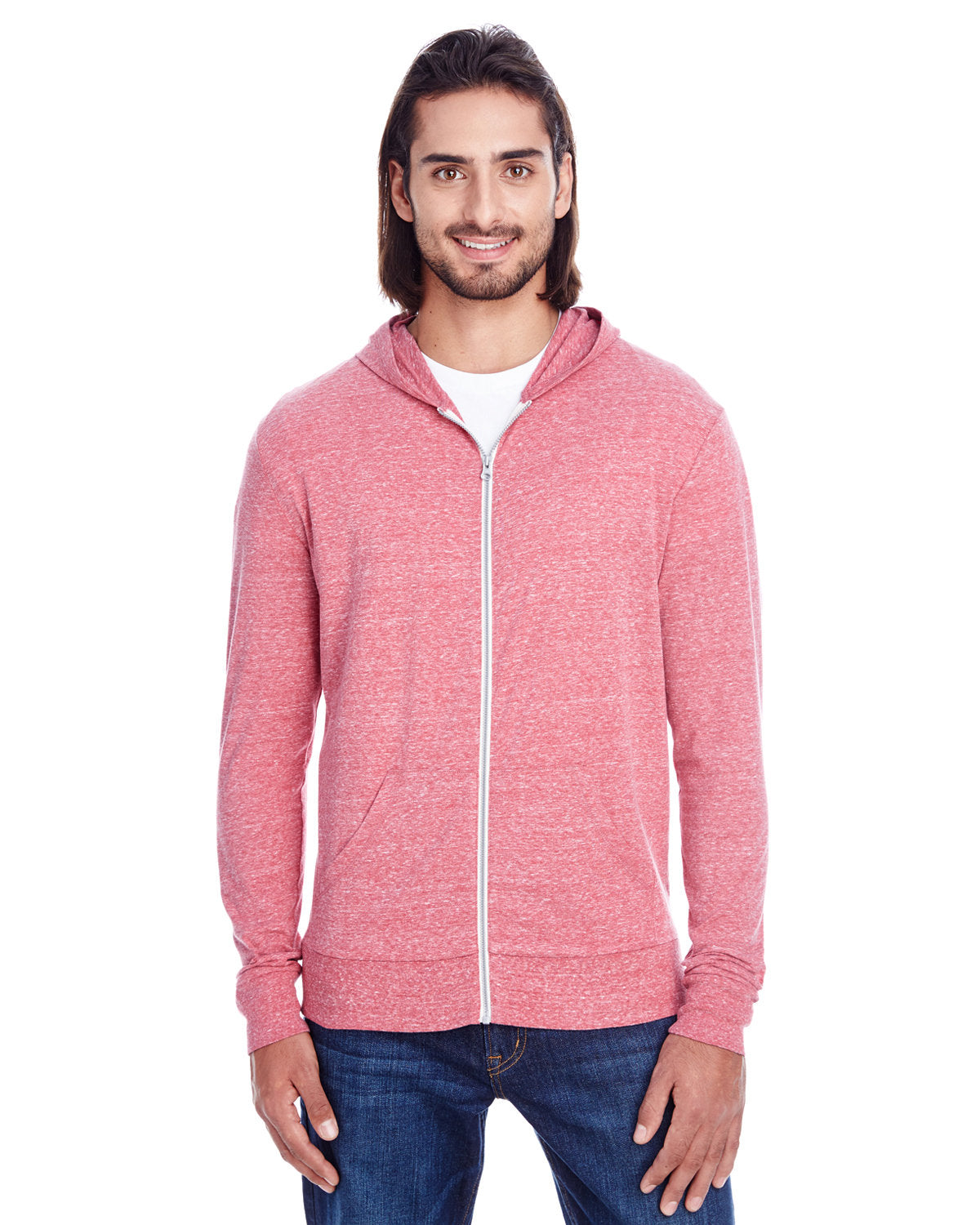 Threadfast Unisex Triblend Full-Zip Light Hoodie - Red Triblend