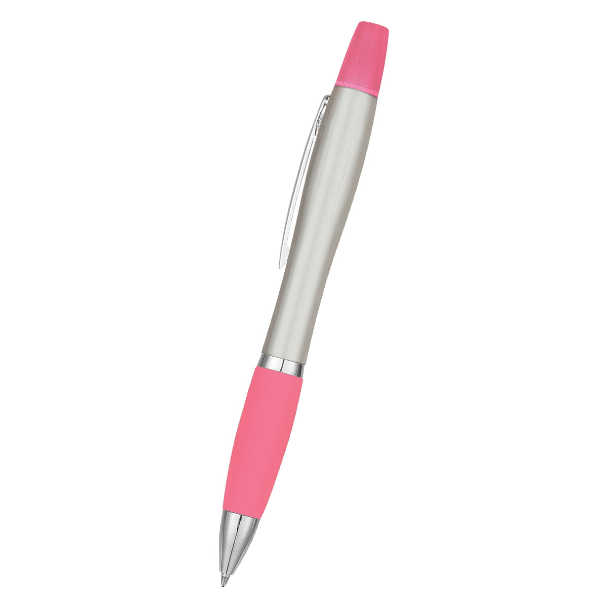 Twin-Write Pen With Highlighter - Silver With Pink