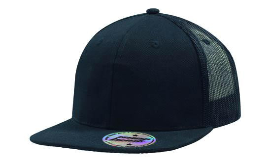 6 Panel Mesh Back Cap with Flat Peak - Black