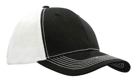 6 Panel Chino Twill Cap with Hi-Tech Mesh - White With Black