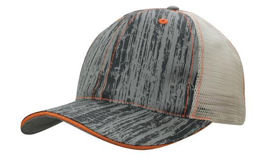 6 Panel Woodprint Poly Twill Mesh Cap - Stone/Charcoal/Orange