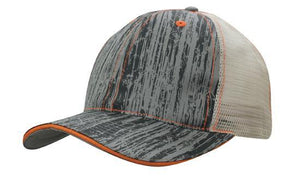6 Panel Woodprint Poly Twill Mesh Cap - Stone/Charcoal/Orange