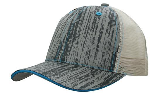 6 Panel Woodprint Poly Twill Mesh Cap - Stone/Charcoal/Cyan
