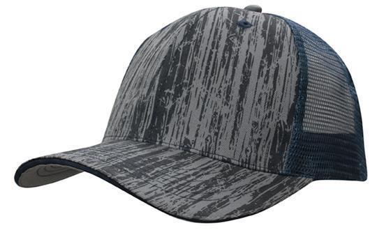 6 Panel Woodprint Poly Twill Tone Mesh Cap - Navy/Charcoal