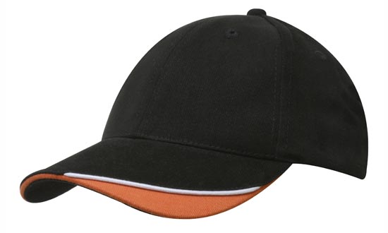 6 Panel HBC Cap with Peak Indent & Sandwich - Custom Embroidered - Black With White And Orange