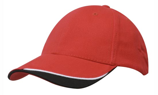 6 Panel HBC Cap with Peak Indent & Sandwich - Custom Embroidered - Red With White And Black