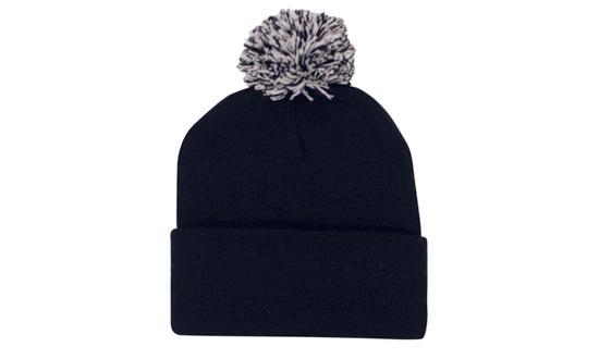 Knitted Acrylic Beanie with Pom Pom - Navy/White