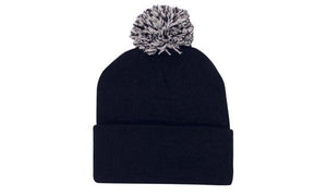 Knitted Acrylic Beanie with Pom Pom - Navy/White
