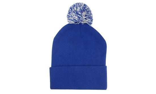 Knitted Acrylic Beanie with Pom Pom - Royal/White