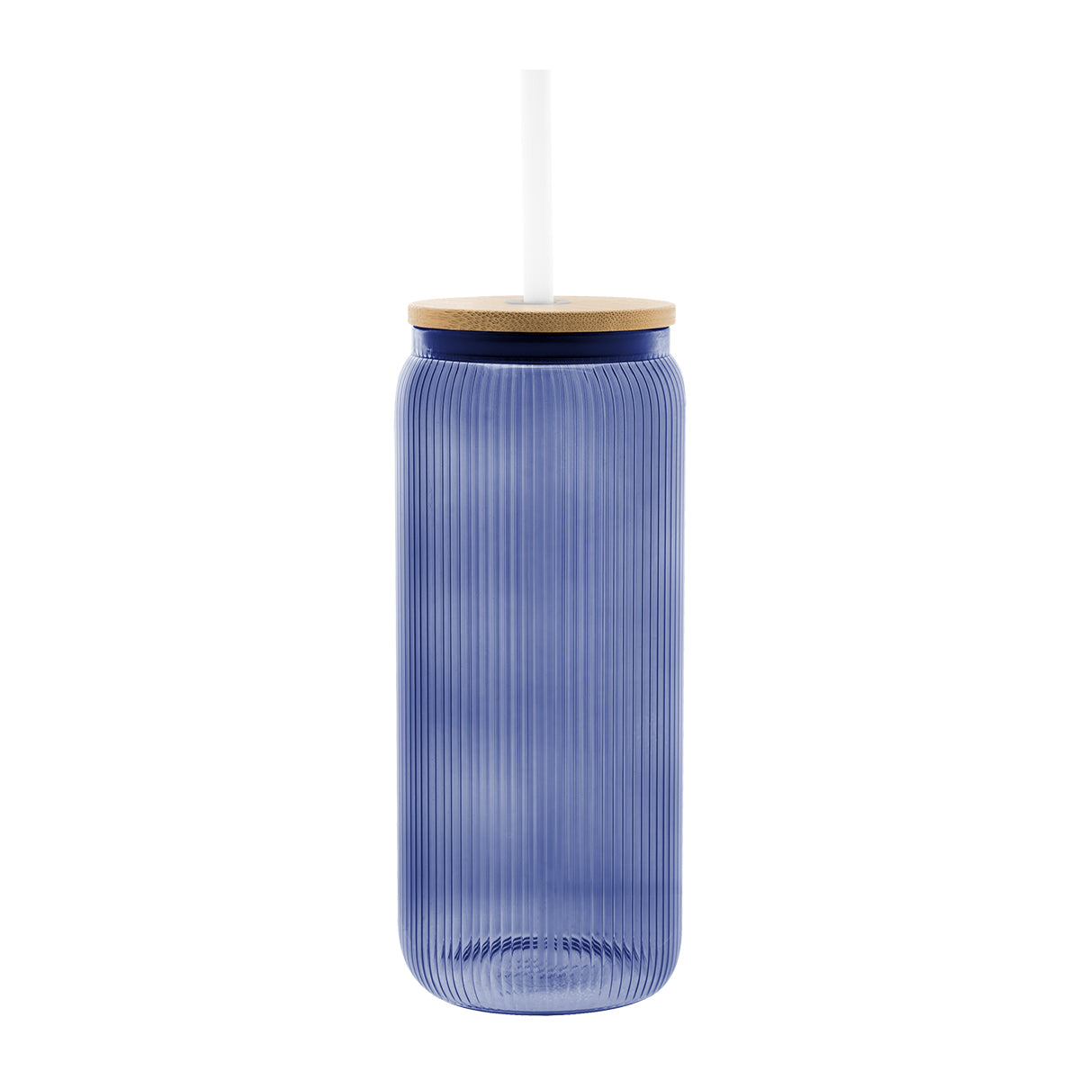20 Oz. Ribbed Glass Can with Bamboo Lid - Translucent Blue