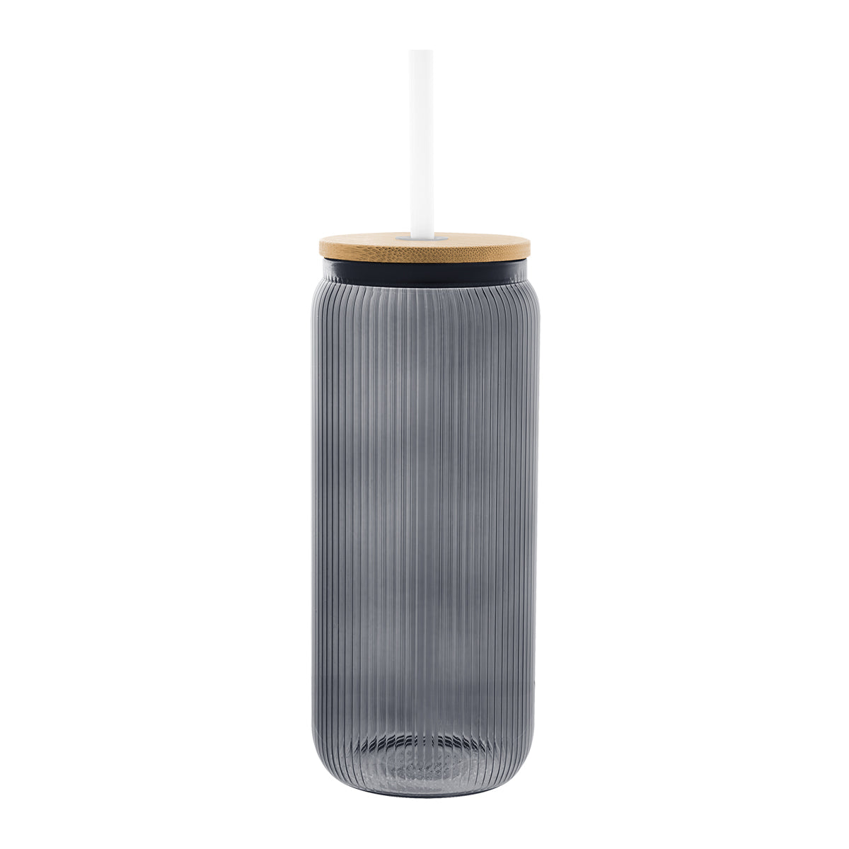 20 Oz. Ribbed Glass Can with Bamboo Lid - Translucent Charcoal