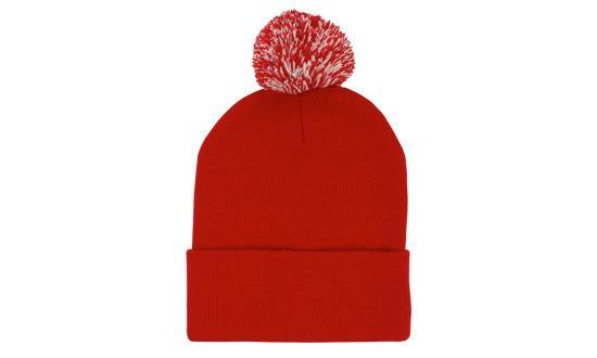 Knitted Acrylic Beanie with Pom Pom - Red/White