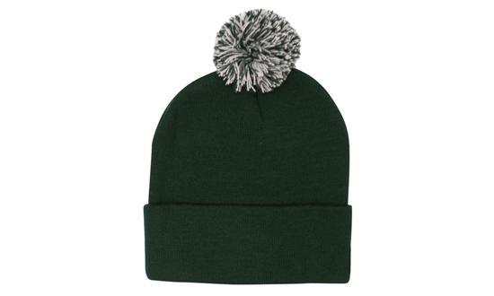 Knitted Acrylic Beanie with Pom Pom - Bottle/White